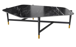 Couchtisch MONDO Varium mit einer Keramik Tischplatte in Marmoroptik Marquina und einem schwarzem Stahlgestell.
