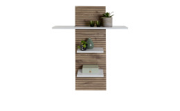 Wandboard LIV'IN Rovigo mit einer Rückwand in Nox Oak Stripes und weißen Ablageböden.