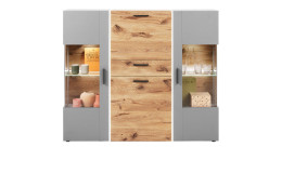 Highboard LIV'IN Baveno in Nox Oak und hellgrau und Glasausschnitten an den Türen.