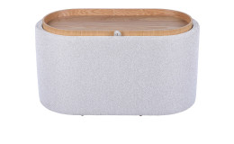 Hocker Lund inklusive Stauraum und Tablett mit Bezug aus creme-weißen Stoff und holzfarbenem Gestell