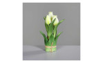 Tulpenarrangement  20 cm aus Kunststoff und Polyurethan mit weiß / grünen Blüten und grünen Stiel und Blätter. Auf einem grauen Hintergrund.