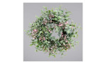 Ruscus-Kranz mit Blüten 28 cm aus Kunststoff mit rosa Applikationen. Auf einem grauen Hintergrund.