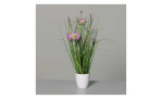Wiesenblumengras 34 cm aus Kunststoff in grün mit lila Blüten und Applikationen. Zusätzlich mit einem weißen Untertopf in weiß. Auf einem grauen Hintergrund.