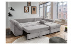 Wohnlandschaft Folkestone mit Cord-Stoff in silber bezogen, Ottomane rechts, Ansicht der Schlaffunktion