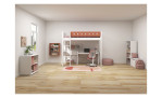 Hochbett White mit Leiter auf der rechten Seite und rotvioletter Absturzsicherung von vorne im Kinderzimmer.