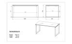 Schreibtisch Madera im Dekor Weiß mit Glasauflage und weißem Metallgestell, bemaßte Skizze