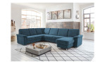 Wohnlandschaft plano|FORM Doren in der Farbausführung Blau mit einem Couchtisch und Deko 