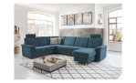 Wohnlandschaft plano|FORM Doren in der Farbausführung Blau mit Kissen, Kopfstützen, Couchtisch und Deko