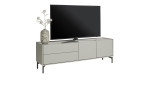 Lowboard Noon in der Farbe Seidengrau mit Fernseher und Vase auf Füßen, Schrägansicht