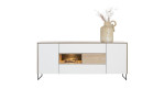 Sideboard Lindfield mit Korpus, Fach und Schublade in der Mitte im Eiche Dekor und einer weißen Front, darauf steht eine Vase
