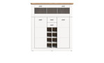 Barschrank Manhattan in weiß mit einer Abdeckplatte in Nox Oak. Frontalansicht.