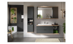 Waschbeckenunterschrank Nevada mit Waschbecken in anthrazit und holzfarbener Deck- und Bodenplatte gerade im Badezimmer.