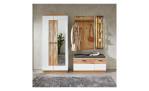 Garderobenschrank MONDO Lisana mit Fronten weiß und Wildeiche massiv, Korpus in Old Artisan Eiche-Nachbildung, mit 2 Türen, davon 1 Spiegeltür, Breite 85 cm, Vorder-Ansicht mit Komplett-Garderobe