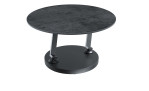 Couchtisch MONDO Varium mit einer Glas-Keramik Tischplatte in Titan und einer Klarglasplatte mit einem schwarzen Stahlgetsell.