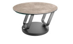 Couchtisch MONDO Varium mit zwei Glas-Keramik Tischplatten in Zementgrau mit einem scwarzem Gestell.