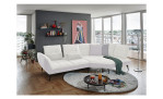 Komfort-Ecksofa vito Ticona, in der Farbausführung Weiß / Silver, in einem Raum stehend mit der Rückenfunktion