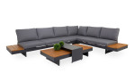 Lounge-Set Accra mit Tischplatten aus Akazienholz, Gestell in Anthrazit aus Aluminium und dunkelgrauen Polsterauflagen, Freisteller mit Deko