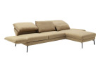 Komfort - Ecksofa Spin, in der Farbausführung gelb, Schrägansicht mit der Rückenneigung im rechten Element und Armlehne runtergeklappt