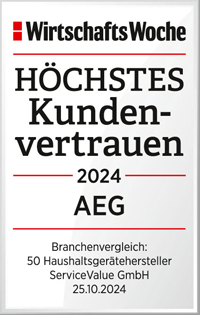 AEG wurde 2024 erneut mit dem Siegel 'Höchstes Kundenvertrauen' ausgezeichnet und belegt den ersten Platz unter den Hausgeräteherstellern.